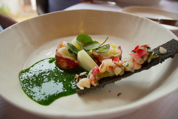 Homard breton, purée d'avocat, aigre de melon vert, coulis de carcasse et tartine de salade de pinces